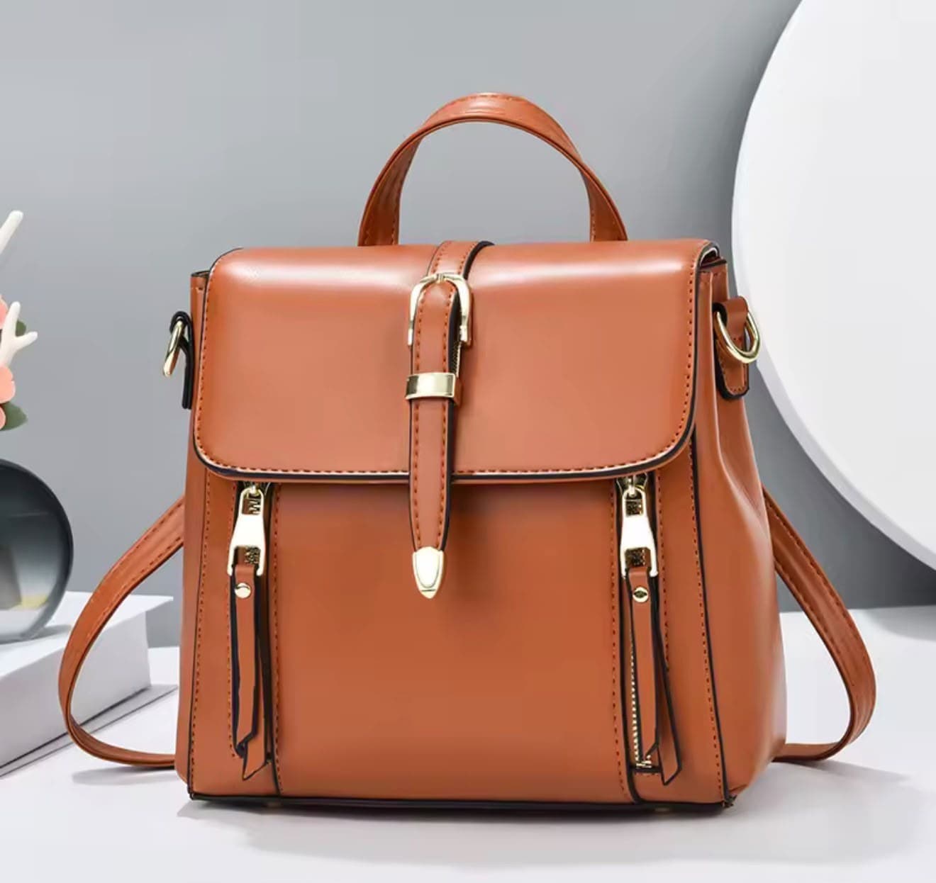 Synthetic Leather Convertible Backpack - Cognac Brown sold by Pamper Yourself