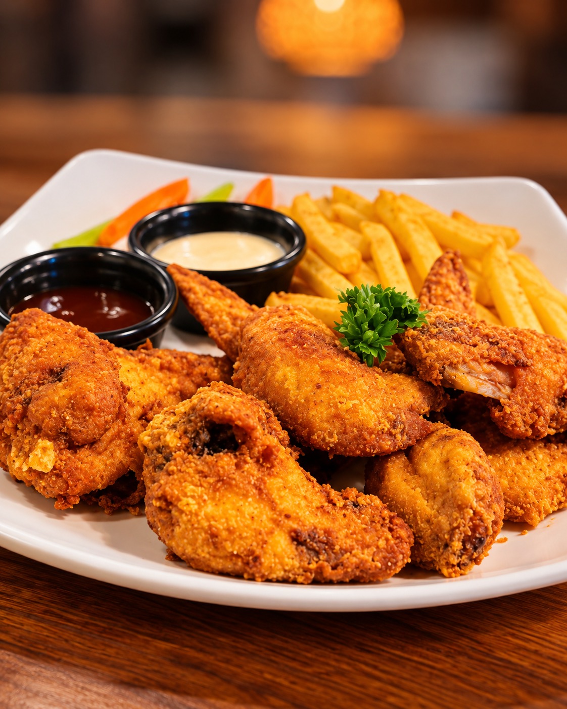 Alitas de pollo con papas fritas
